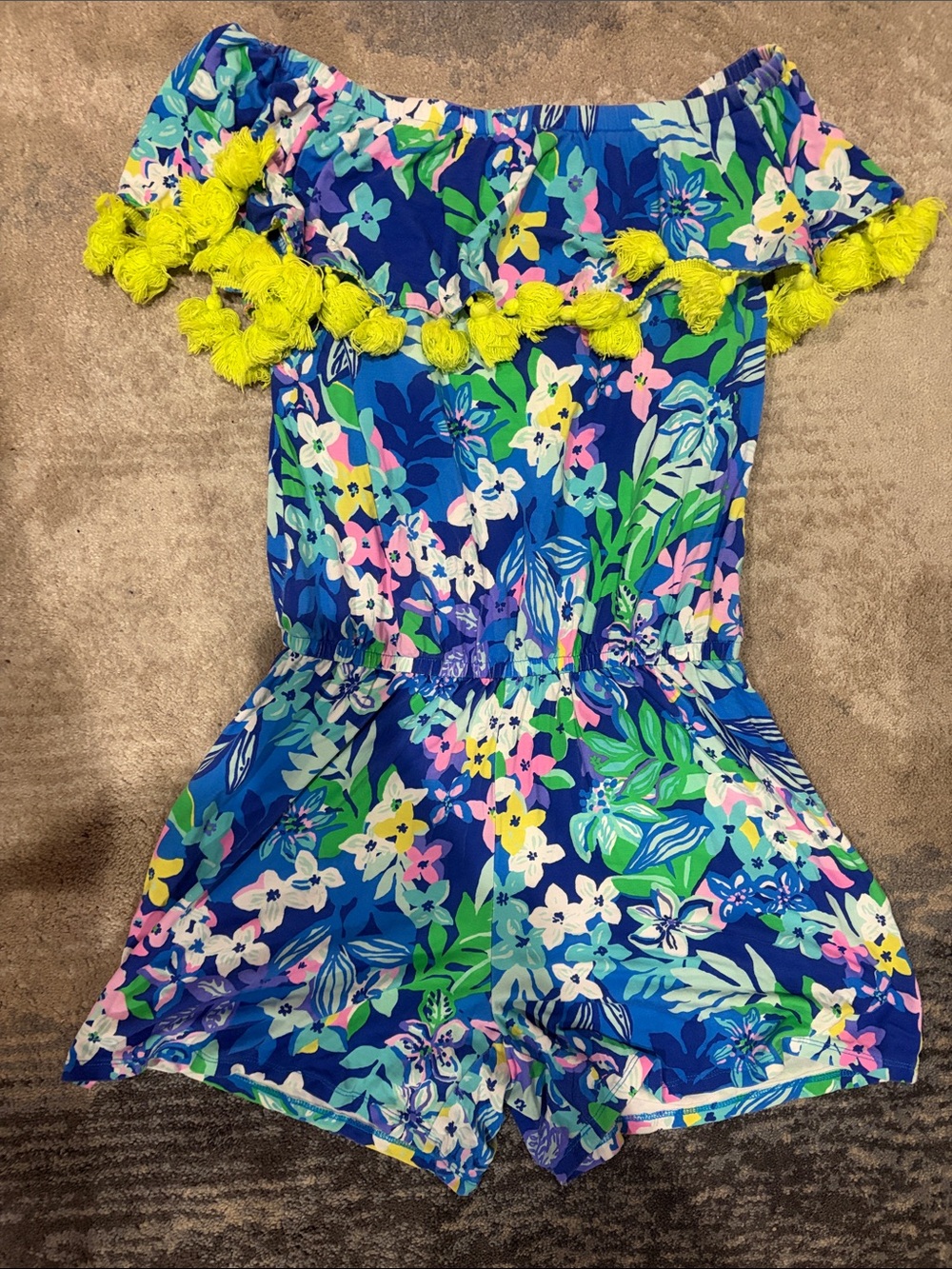 Lilly Pulitzer Floral Off-Shoulder Romper with Neon Tassel Trim
